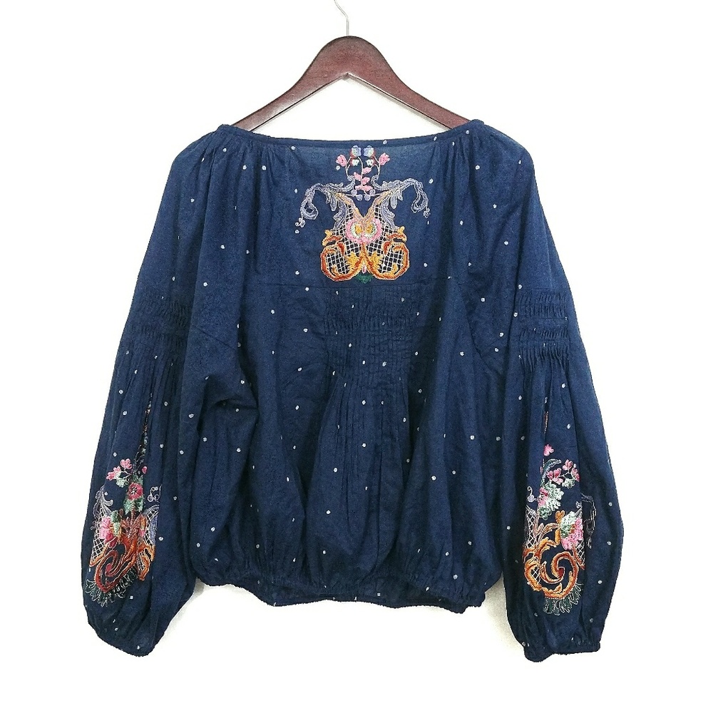 ✨ Free People Embroidered Boho Top Tassle Blue - Picture 2 of 3